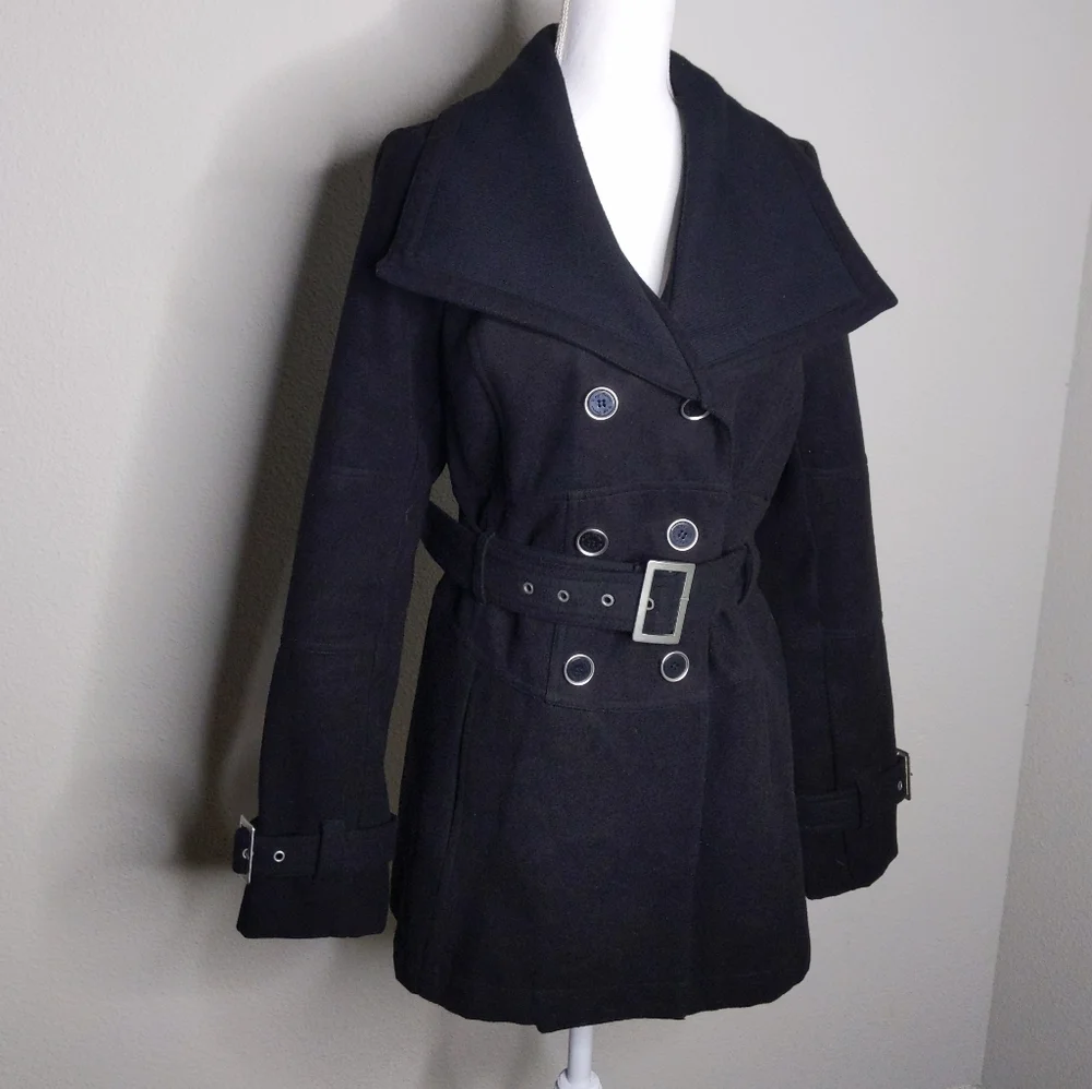 G by Guess Black Peacoat Women’s Large | Oversized Collar Belted Wool Blend Coat - Picture 10 of 10